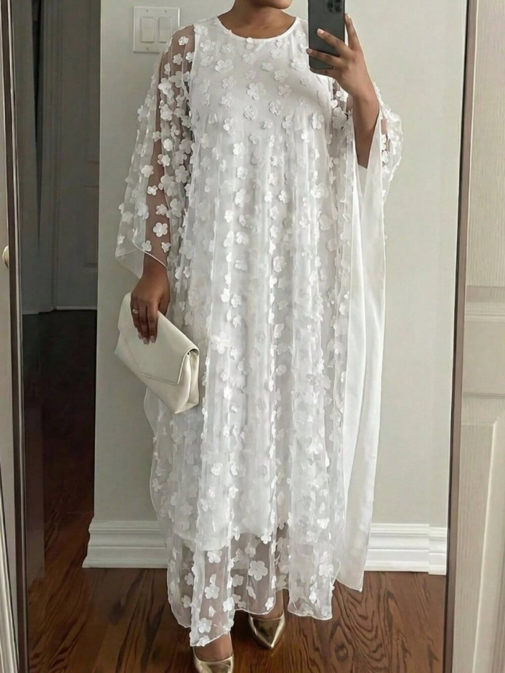 White Elegant Women's Scoop Neck Flow Sleeve Plus Size Cocktail Dress